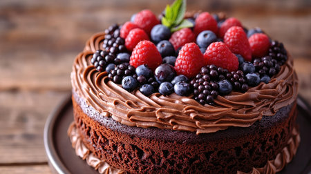 Close-up of a beautifully decorated chocolate cake with intricate frosting designs and fresh berries on top, set on a wooden tableの素材