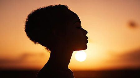 Close-up of a dramatic silhouette of a person standing against a setting sun, with warm orange and pink hues in the sky -の素材