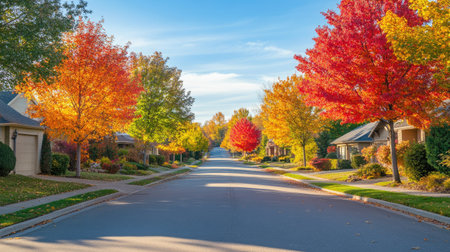 Close-up of a charming, tree-lined street with colorful fall foliage and a clear blue skyの素材