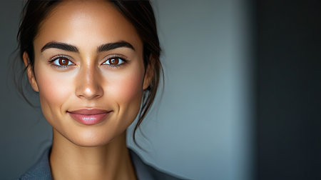 Close-up of a businesswoman with a professional yet approachable expression, wearing a smart blazer and with a clean, clear faceの素材