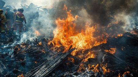Close-up of a burning pile of debris with flames and smoke rising, surrounded by emergency respondersの素材