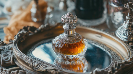 Close-up of a classic perfume bottle with an ornate stopper, placed on a vintage tray with elegant decorative elementsの素材