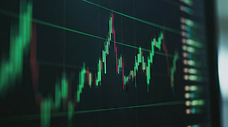 Close-up of a computer screen showing a dynamic financial graph with green and red candlesticks, symbolizing fluctuating market conditions.の素材