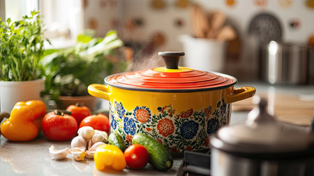 Close-up of a colorful enameled pot with a simmering stew, set on a kitchen counter with fresh vegetables aroundの素材