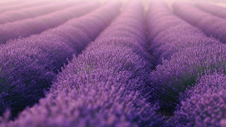 Close-up of a field of lavender in full bloom, with rows of purple flowers and a soft, hazy backgroundの素材