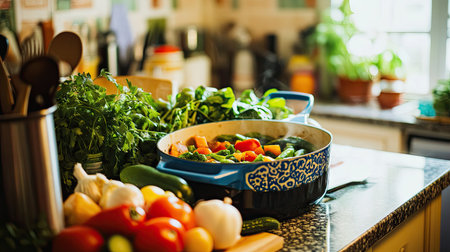 Close-up of a colorful enameled pot with a simmering stew, set on a kitchen counter with fresh vegetables aroundの素材