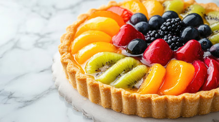 Close-up of a fresh fruit tart with a glossy glaze, topped with an assortment of colorful fruits and set on a marble countertopの素材