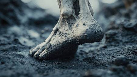 Close-up of a foot stepping on the ground, emphasizing the arch and bone structureの素材