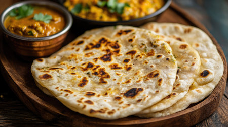 Close-up of a freshly cooked roti with a golden-brown, crispy texture, placed on a wooden plate with a side of curryの素材