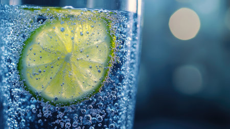 Close-up of a frosty glass of sparkling water with bubbles and a lime wedgeの素材