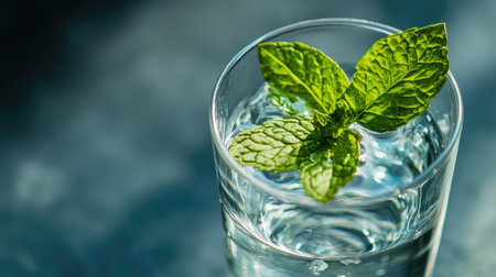 Close-up of a glass of still water with a mint leaf floating on topの素材