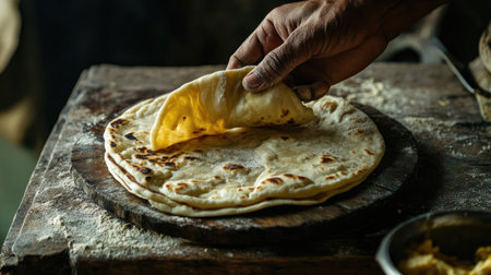Close-up of a hand breaking apart a warm roti, revealing its soft, fluffy interior, set on a rustic tableの素材