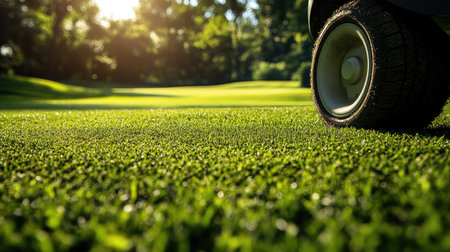 Close-up of a golf cart driving down a fairway, with a focus on the wheels and the surrounding lush golf course -の素材