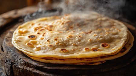 Close-up of a hot roti with a slightly puffed center, with steam rising and placed on a rustic wooden tableの素材