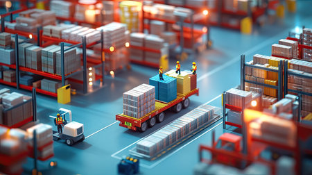 Close-up of a logistics center with warehouse shelves full of goods and workers preparing shipments -の素材