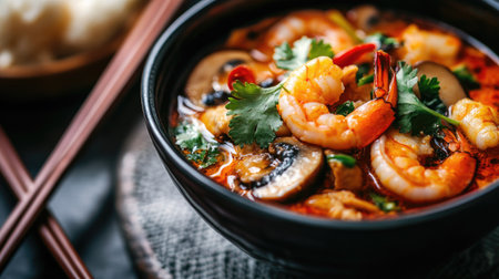 Close-up of a hot bowl of Tom Yum Goong with shrimp, mushrooms, and aromatic herbs, placed on a stylish table with chopsticksの素材