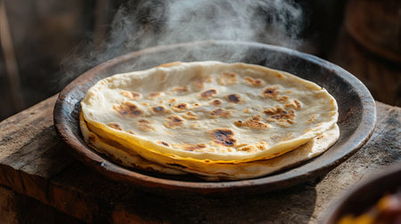 Close-up of a hot roti with a slightly puffed center, with steam rising and placed on a rustic wooden tableの素材