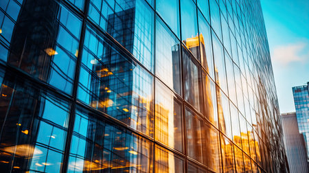 Close-up of a high-rise building glass panels reflecting the cityscape and surrounding architectureの素材