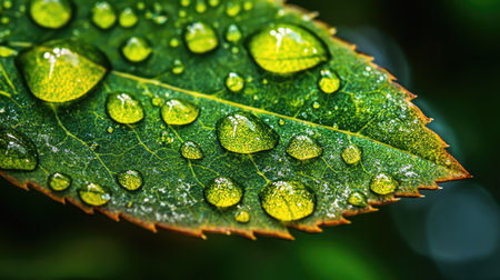 Close-up of a leaf with a collection of dew droplets on its surface, with a focus on the clarity and shape of each dropletの素材