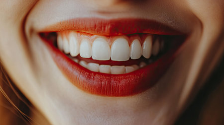 Close-up of a human mouth smiling, showing healthy teeth and lips, positive expression -の素材