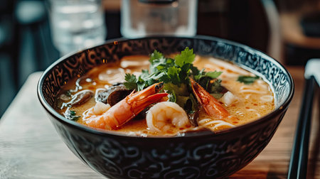 Close-up of a hot bowl of Tom Yum Goong with shrimp, mushrooms, and aromatic herbs, placed on a stylish table with chopsticksの素材