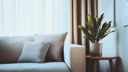 Close-up of a modern minimalist living room with clean lines, neutral colors, and simple furnishings -の素材