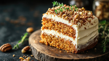 Close-up of a layered carrot cake with cream cheese frosting, decorated with nuts and fresh herbs, on a rustic wooden board -の素材