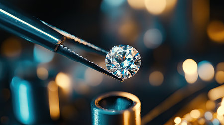 Close-up of a loose diamond held by tweezers, set against a soft-focus jeweler workbenchの素材