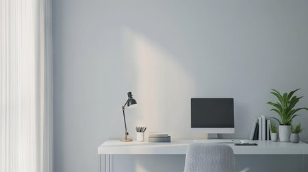 Close-up of a minimalist home office with a sleek desk, ergonomic chair, and minimalistic decor, focusing on a clean workspaceの素材