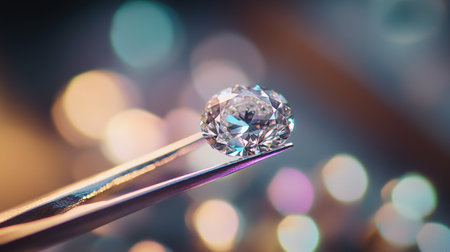 Close-up of a loose diamond held by tweezers, set against a soft-focus jeweler workbenchの素材