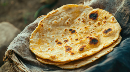 Close-up of a perfectly cooked roti with a slightly charred surface, resting on a traditional cloth with a rustic backdropの素材