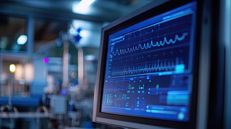 Close-up of a monitor displaying electrical signals and waveform data in a high-tech laboratory settingの素材