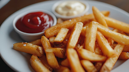 Close-up of a plate of crispy French fries with ketchup and a side of mayoの素材