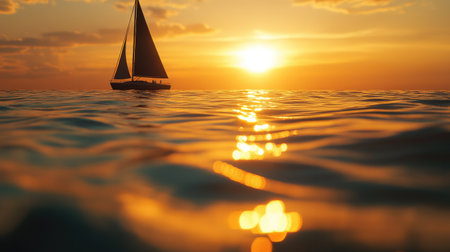 Close-up of a sailboat silhouette on the horizon with a glowing sunset and calm waters reflecting the sun -の素材