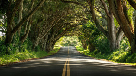 Close-up of a scenic road with a canopy of trees arching overhead, creating a tunnel of green and dappled sunlightの素材