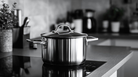 Close-up of a shiny stainless steel pot with a lid, placed on a modern kitchen stove with a clean countertopの素材