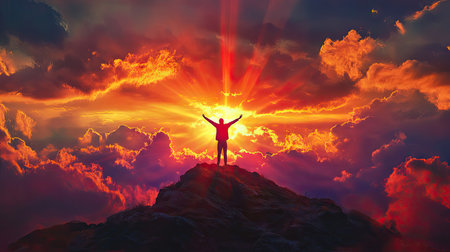 Close-up of a person on a hilltop with arms raised, silhouetted against a vibrant sunset with rays streaming through cloudsの素材