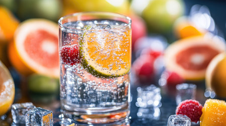 Close-up of a glass of water with a background of colorful fruits and ice cubesの素材
