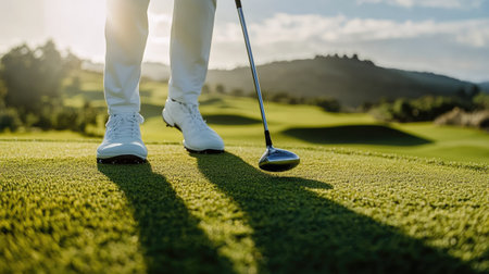 Close-up of a golfer adjusting their grip on a club, with a background of rolling green hills and a clear sky -の素材