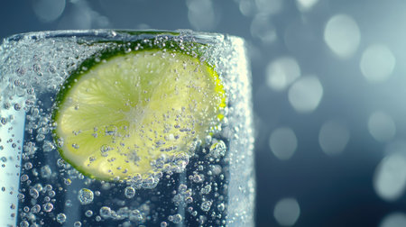 Close-up of a frosty glass of sparkling water with bubbles and a lime wedgeの素材