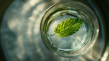 Close-up of a glass of still water with a mint leaf floating on topの素材