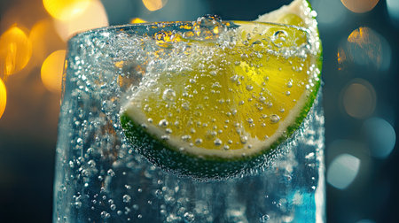 Close-up of a frosty glass of sparkling water with bubbles and a lime wedgeの素材