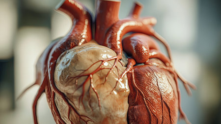 Close-up of a human heart model with arteries, emphasizing the complex circulatory systemの素材
