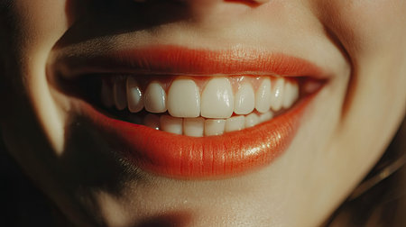 Close-up of a human mouth smiling, showing healthy teeth and lips, positive expression -の素材
