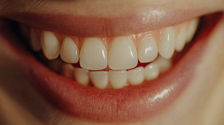 Close-up of a human mouth smiling, showing healthy teeth and lips, positive expression -の素材