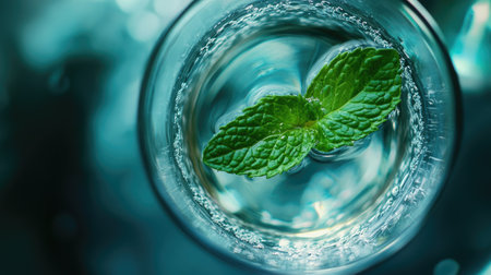 Close-up of a glass of still water with a mint leaf floating on topの素材