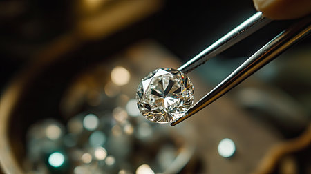 Close-up of a loose diamond held by tweezers, set against a soft-focus jeweler workbenchの素材