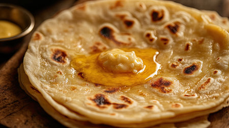Close-up of a roti being served with a dollop of ghee melted on top, showcasing the smooth and buttery textureの素材