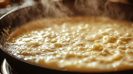 Close-up of a pot of creamy sauce simmering on a stovetop, with a focus on the smooth texture and bubbling surface -の素材
