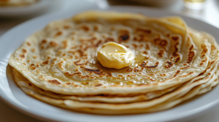 Close-up of a perfectly folded roti with visible layers, served on a clean white plate with a dollop of butter melting on topの素材